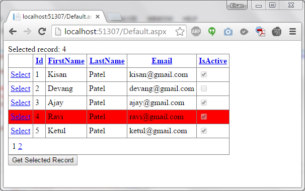 Select Row In ASP NET GridView Example CSharpCode